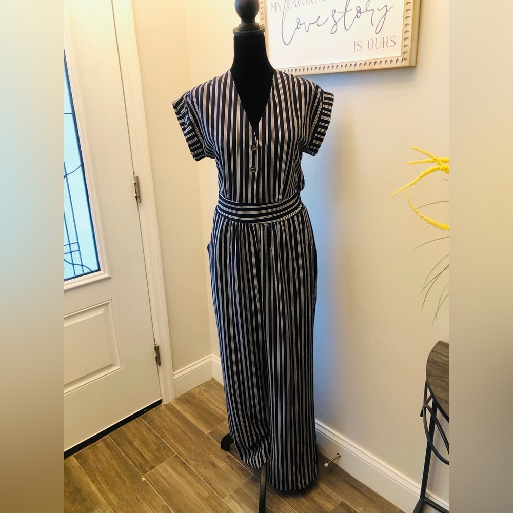Monteau Navy Blue  and White Striped Jumpsuit with Wide-Leg Pants.